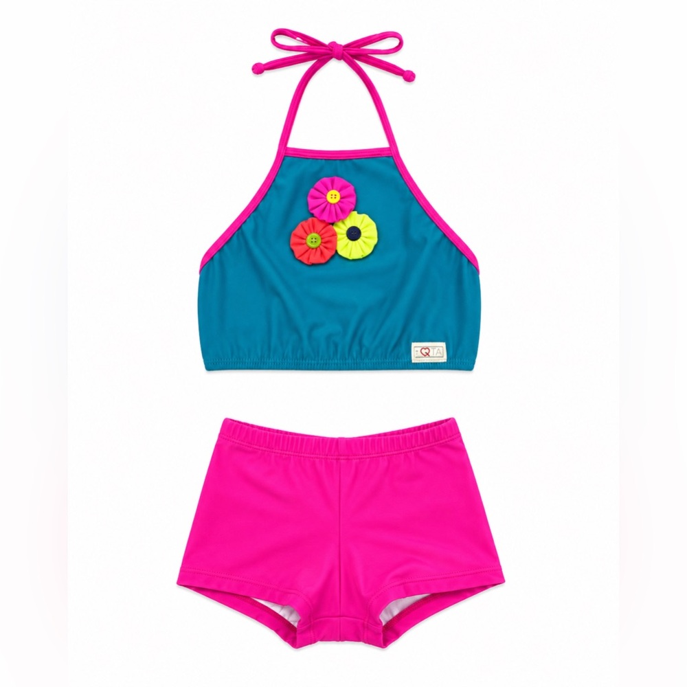 Girls Teal & Hot Pink Floral Halter Bikini Set
